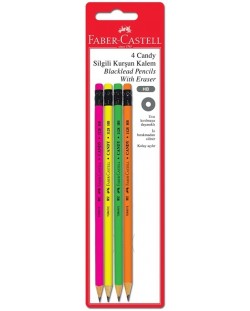 Комплект чернографитни моливи Faber-Castell - Candy, HB, с гума, флуоресцентни, 4 броя