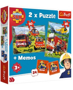 Комплект пъзел и мемо игра Trefl 2 в 1 - Fireman Sam, Пожарникари в действие