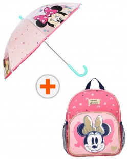 Комплект за детска градина Vadobag Minnie Mouse - Раница с мрежести джобчета и чадър, Little Precious