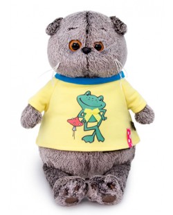 Плюшена играчка Budi Basa - Коте Басик с тениска с жабче, 22 cm