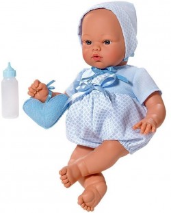Кукла бебе Asi Dolls - Коке, със синьо костюмче и чантичка, 36 cm