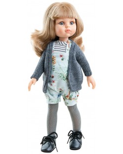 Кукла Paola Reina Amigas - Карла, с гащеризон на цветя и жилетка, 32 cm