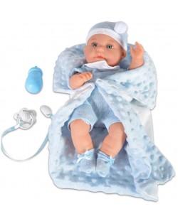 Кукла-бебе Moni Toys - Със синьо одеялце и аксесоари, 36 cm