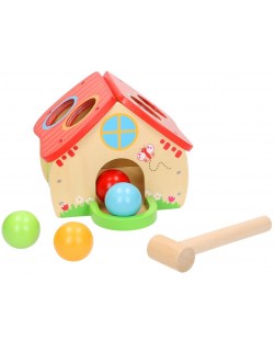Дървена игра Jouéco - Къща, с чукче и топчета