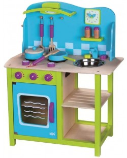 Дървена детска кухня Lelin - Морски бриз, с посуда