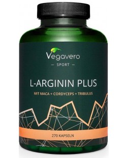 L-Arginin Plus Mit Maca + Cordyceps + Tribulus, 270 капсули, Vegavero