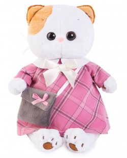 Плюшена играчка Budi Basa - Коте Ли-Ли, с карирана рокличка и сива чанта, 24 cm