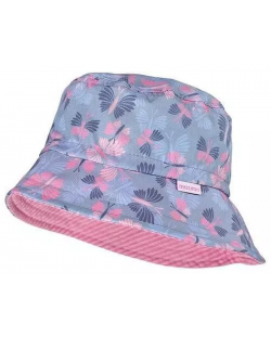 Лятна шапка с периферия Maximo - Синя, на розови пеперуди, UPF50+, размер 51, 2-3 г
