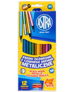 Моливи с черна дървесина Astra - 12 металик цвята, с острилка