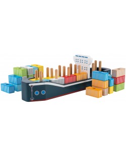 Дървена дидактическа играчка Jouéco - Морски контейнеровоз, за нанизване