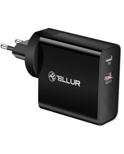 Зарядно устройство Tellur - Dual Port, USB-A/C, US/EU/UK, 48W, черно