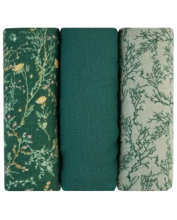 Муселинови кърпи KikkaBoo - Secret Garden, 75 х 75 cm, 3 броя, зелени 
