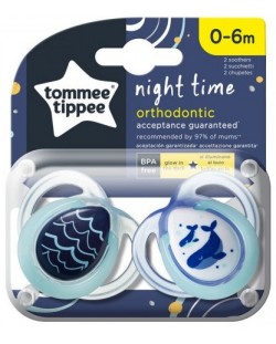 Tommee Tippee Ортодонтични залъгалки NIGHT TIME 0-6м, 2 бр./оп., Китове