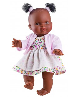 Кукла-бебе Paola Reina Los Gordis - Олга, с бяла рокля на цветенца и розова жилетка, 34 cm