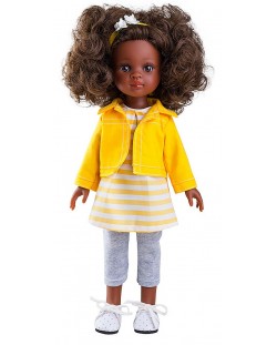 Комплект дрехи за кукла Paola Reina - Туника на бели и жълти райета и жълто яке, 32 cm