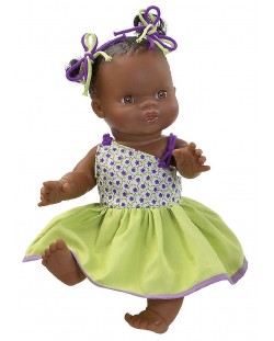 Кукла-бебе Paola Reina Los Gordis - Ампаро, с рокля в зелено, лилаво и бяло, 34 cm