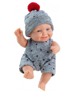 Кукла-бебе Paola Reina Los Peques - Тео, със сиво гащеризонче на червени звездички, 21 cm