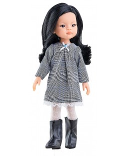 Кукла Paola Reina Amigas - Лиу, с рокля на черно и бяло каре, 32 cm