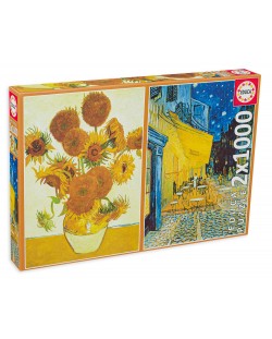 Пъзел Educa от 2 x 1000 части - Слънчогледите и Кафе тераса през нощта, Винсент ван Гог