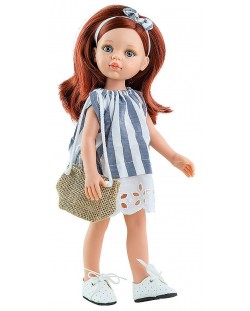 Комплект дрехи за кукла Paola Reina - Рокля на бяло и синьо райе и чанта от зебло, 32 cm