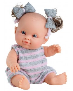 Кукла-бебе Paola Reina Los Peques - Ирина, с гащеризонче на сиви и розови райета, 21 cm