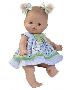 Кукла-бебе Paola Reina Los Gordis - Алисия, с рокля в зелено, синьо и бяло, 34 cm