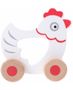 Дървена играчка Jouéco - Пиле, с колела за бутане