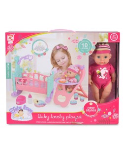 Пишкаща кукла Moni Toys - С легло и стол за хранене, 31 cm