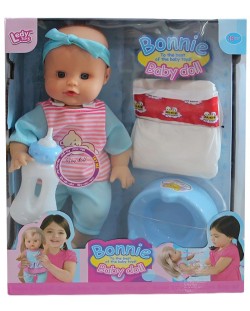 Пишкаща кукла-бебе Raya Toys - Bonnie, с аксесоари, в синьо