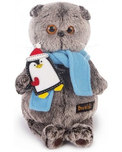 Плюшена играчка Budi Basa - Коте Басик, с шал с малък пингвин, 25 cm