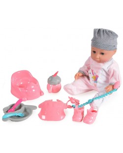 Пишкаща кукла-бебе Moni Toys - Със сива шапка и аксесоари, 36 cm