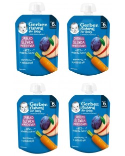 Плодово пюре Nestle Gerber - Пауч с ябълка, слива и морков, 6 м+, 4 х 80 g