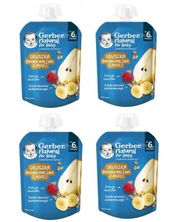 Плодово пюре Nestle Gerber - Пауч с круша, банан, малина и мюсли, 6 м+, 4 х 80 g