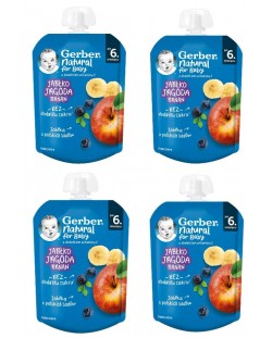 Плодово пюре Nestle Gerber - Пауч с ябълка, боровинка и банан, 6 м+, 4 х 80 g