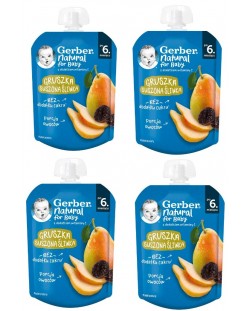 Плодово пюре Nestle Gerber - Пауч от круша и сушени сливи, 6 м+, 4 х 80 g