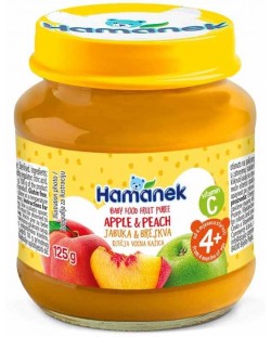 Плодово бебешко пюре Hamanek - С ябълка и праскова, 4 m+, 125 g