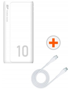 Портативна батерия Silicon Power - 10000 mAh + кабел 3mk - USB-C/USB-C, 1 m, бели