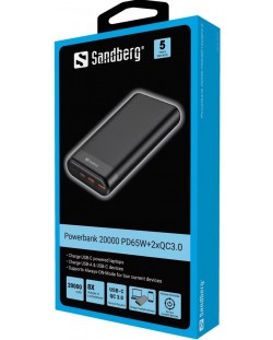 Портативна батерия Sandberg - USB-C PD 65W QC3.0, 20000 mAh, черна
