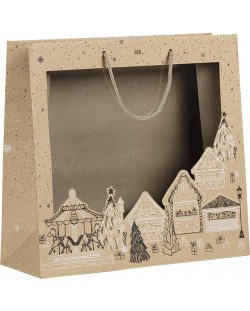 Подаръчна торбичка Giftpack Bonnes Fêtes - Крафт, 35 cm, PVC прозорец