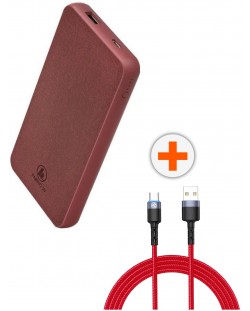 Портативна батерия Hama - 10000 mAh + кабел Tellur - USB-A/USB-C, 1.2 m, червени