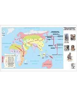 Поява и разселване на първобитните хора - 2 000 000-50 000 г. пр. Хр. (стенна карта)