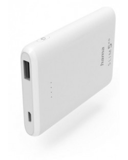 Портативна батерия Hama - Slim 5HD, 5000 mAh, бяла