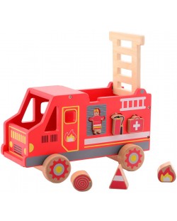 Дървена играчка Jouéco - Пожарна, сортер за форми