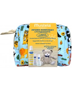 Промо комплект за слънцезащита Mustela - Спрей SPF50, 200 ml + 2 мини продукта + Мече Мусти + несесер