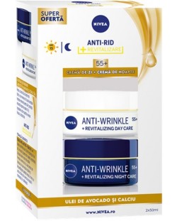 Nivea Anti-Wrinkle Комплект против бръчки - Дневен и нощен крем, 55+, 2 х 50 ml