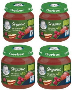 Пюре Nestle Gerber Organic - Ябълки и малини, 4 х 125 g