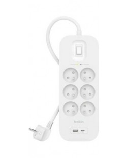 Разклонител Belkin - SRB002ca2M, 6 гнезда, USB-A, USB-C, бял