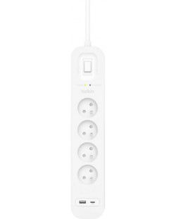 Разклонител Belkin - SRB001ca2M, 4 гнезда, USB-A, USB-C, бял