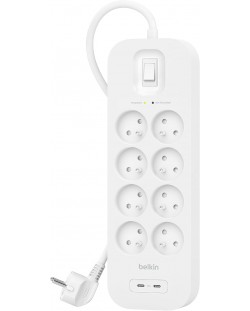 Разклонител Belkin - SRB004ca2M, 8 гнезда, 2x USB-C, бял