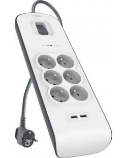 Разклонител Belkin - BSV604ca2M, 6 гнезда, 2xUSB-A, бял/сив